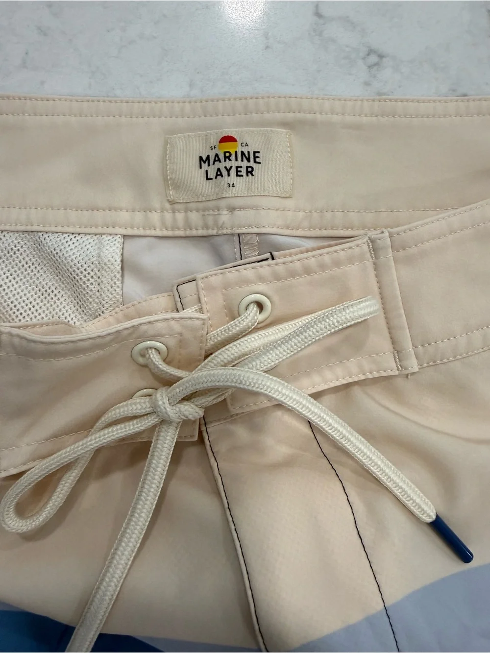 Marine Layer Men's Layered Wave Swim Shorts - Cream & Multiple Blues NWOT 34